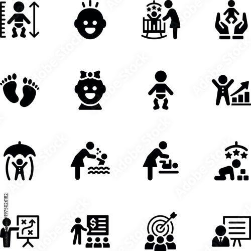 Baby and childcare development vector icon set, baby, crib, footprints, face, growth, care, changing, bathing