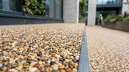 Close-up of modern resin-bound gravel pathway with drainage channel.