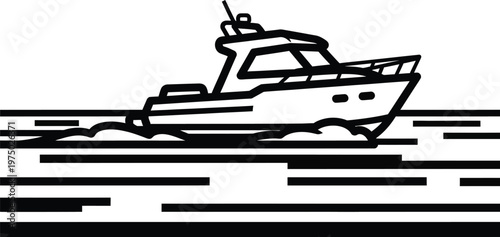 Line Art Motorboat Sailing on Water, Minimalist Nautical Transportation