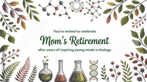 Elegant retirement invitation card for biology teacher mom with floral leaves science elements DNA illustration celebration design template background