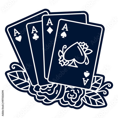 Set of playing cards with roses on a dark background