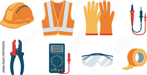 Construction safety equipment icons set, tools and protective gear, flat design vector symbols, workplace safety and PPE illustration
