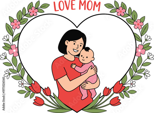 A mother holding a baby in her arms surrounded by flowers and a heart