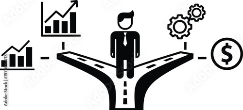 Businessman at crossroads making decisions about growth, money, and strategy