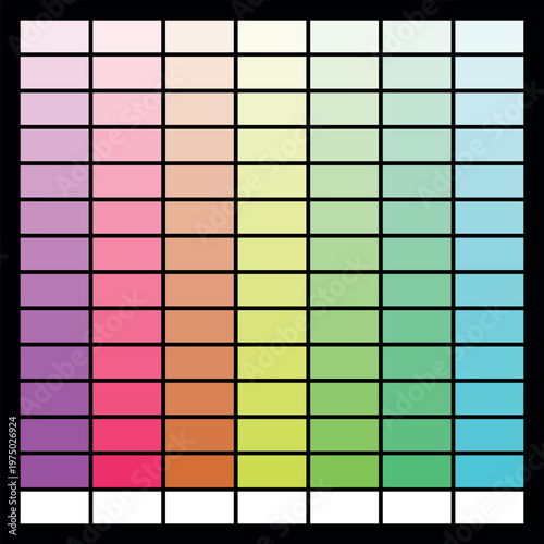 Pastel color palette swatches, rainbow gradient grid of rectangular paint chips, professional graphic design color guide vector