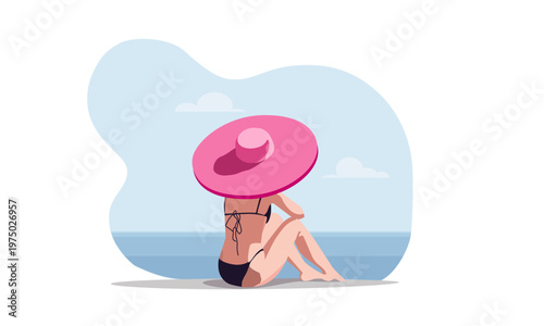  A faceless man in a huge pink sunhat sits on the seashore