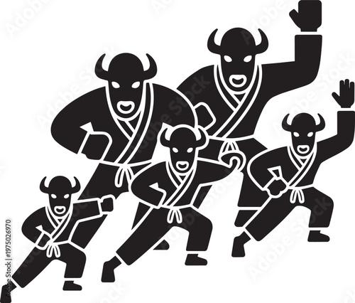 4 bull characters practicing martial arts in karate uniforms vector graphic illustration icon s
