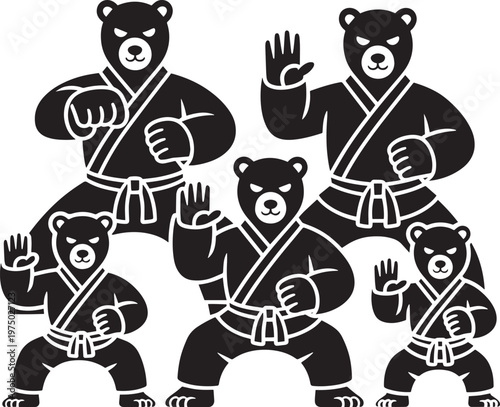 5 karate bears in martial arts gi doing defensive stances, flat vector graphic illustration