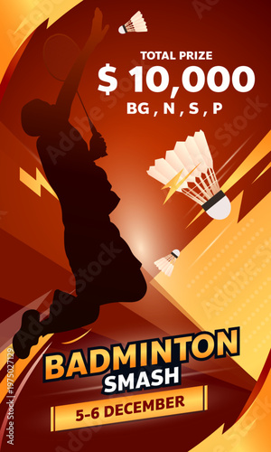 Badminton Smash Tournament Poster Design with Player Silhouette and Prize Money, Vector illustration EPS 10