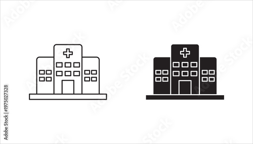 Hospital icon set,  black isolated icon with medical cross and person in bed symbols