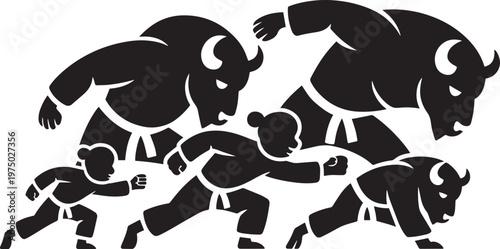 Anthropomorphic buffaloes and human martial artists in action poses, flat vector illustration