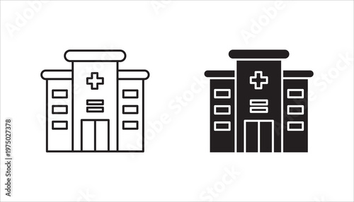 Hospital icon set,  black isolated icon with medical cross and person in bed symbols