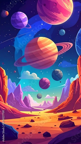 A vibrant, colorful digital artwork depicts a celestial scene with stylized planets, rings, a rocky landscape, and starry background
