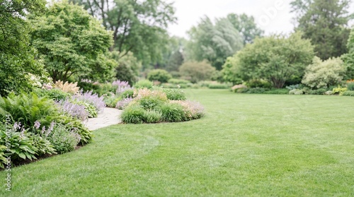 Beautiful landscaped garden with green lawn, stone pathway, and colorful flowers surrounded by lush trees. Serene outdoor scene highlighting harmony and natural design