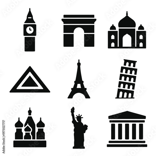 Collection of world famous historical landmarks and international travel destination icons
