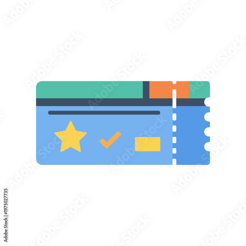 Entrance ticket vector icon for cinema theater event or concert attendance validation coupon with star and check mark symbol representing admission pass and entertainment access documentation.
