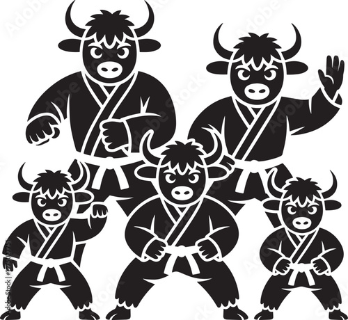 Group of five cartoon bulls in karate gis, some in fighting stances for martial arts and team