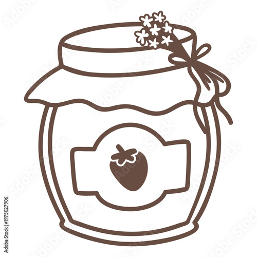 Jar of strawberry jam is shown
