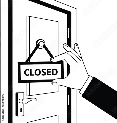 Hand hanging "CLOSED" sign on a door, business closure, vector illustration