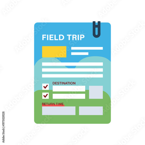 Field trip form with destination and return time, checklist for school activity planning and participant details, outdoor excursion document.