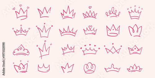 Crown monochrome oodle crayon hand drawn sketches set. Pencil king queen royal diadem vector line art. Textured chalk graffiti spray illustration collection