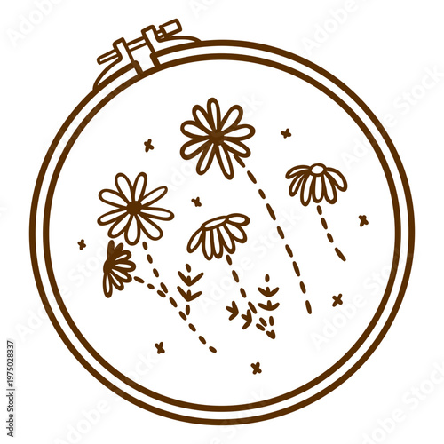 Brown embroidery hoop with daisies in it