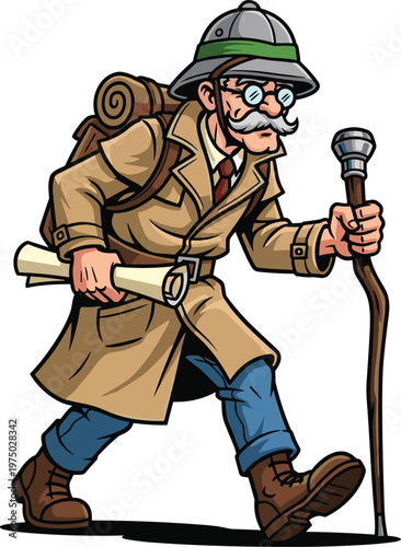 Senior explorer archaeologist man with pith helmet walking with walking stick and map roll on white background for travel concept