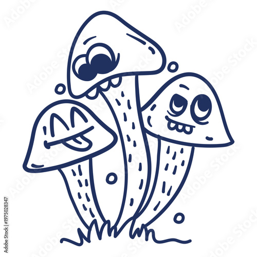 Three cartoon mushrooms