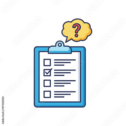 Quadro su tela Clipboard with checklist and question mark in speech bubble, important question for survey or exam, task list with checkboxes and thinking bubble icon