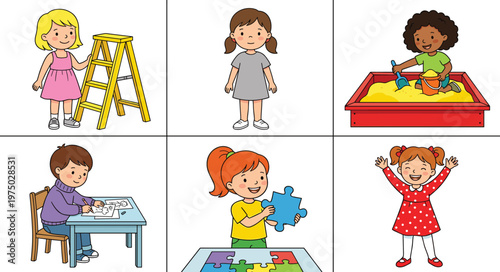 Cute Kids Activity Illustration Set with Children Playing, Learning, Drawing, Puzzle Solving, and Sandbox Fun for Education, Childhood Development, and Preschool Designs