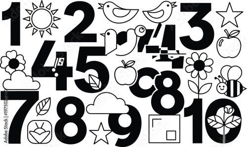 Numbers 1 to 10 with Cute Illustrations: Sun, Birds, Flowers, Apple, Bee, Clouds