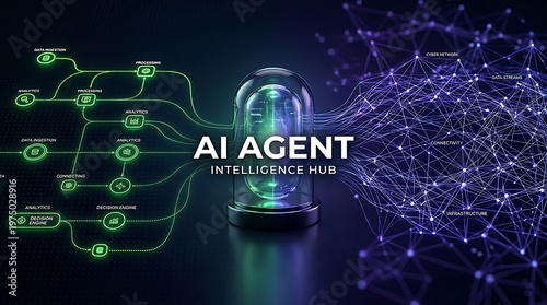 Futuristic ai agent visualization a digital brain with neural networks and complex data streams