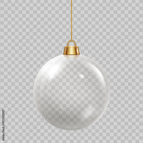 A round glass Christmas tree ball with a gold clasp and thread on a transparent background.