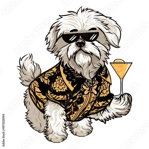 White dog wearing sunglasses and holding a martini