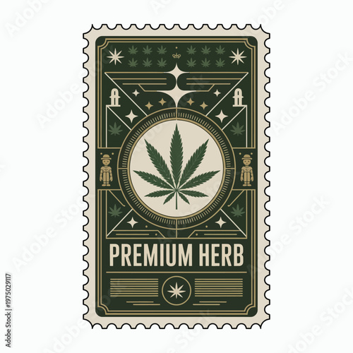 Vintage style cannabis stamp 'premium herb' design with leaf and ornamental details t shirt design