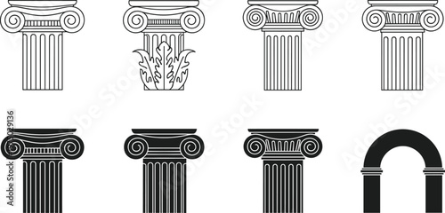 A collection of black and white architectural elements showcases various classical columns capitals and an arched doorway high quality professional detailed