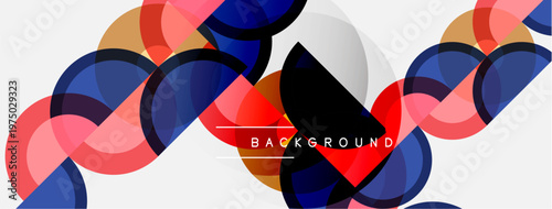 Abstract geometric pattern. Overlapping circles create dynamic visual flow. Colors include blue, red, beige, black. Modern design element.