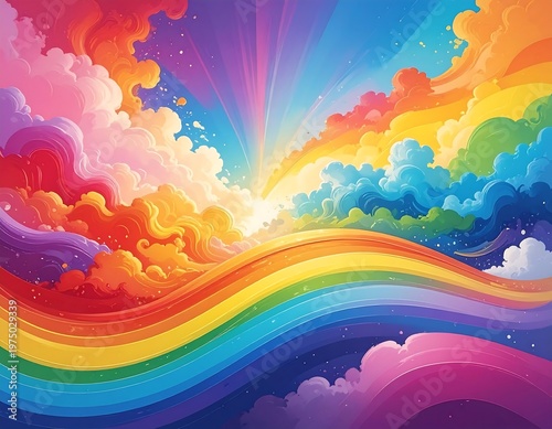 A vibrant, colorful digital artwork featuring a rainbow arching across the scene with fluffy clouds and brilliant sunlight