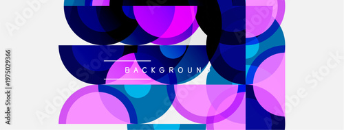 Abstract geometric design. Circles, squares overlap creating vibrant color scheme. Modern background suitable for digital projects.