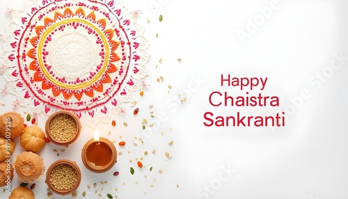 Happy Chaistra Sankranti greeting background with colorful mandala art lit oil lamp and traditional sweets on white