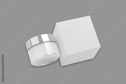 Cosmetics product for mock up, moisture cream bottle, skin care product scene, blank packaging clear cosmetic cream pot or glass jar with box packaging. 3d rendering.