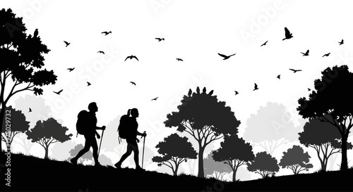 Two Hikers Walking on a Hill.