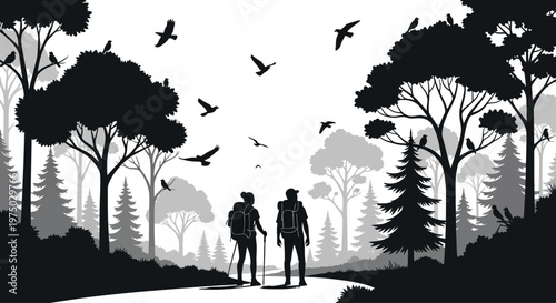 Two Hikers Walking on Forest Path.