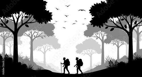 Silhouette of two hikers with backpacks walking together.