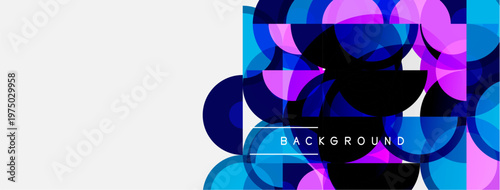 Abstract geometric shapes overlap. Blue, purple hues dominate design. White space provides contrast, text reads background. Modern aesthetic.