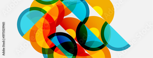 Abstract composition. Overlapping colorful circles create dynamic visual effect. Bright hues blend, forming complex patterns. Modern design.