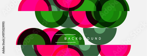 Abstract colorful overlapping semicircles create dynamic background. Pink, green, dark shades dominate composition. Simple design.