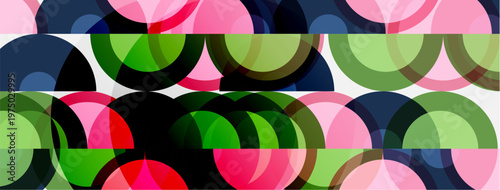 Abstract pattern features overlapping circles. Pink, green, navy hues create dynamic visual texture. Repeating motif suggests modern design elements.