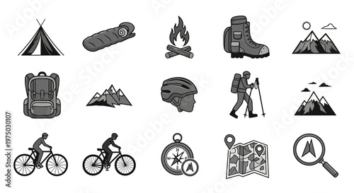 Hiking and camping adventure travel icons.