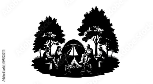 People sitting around campfire at night.